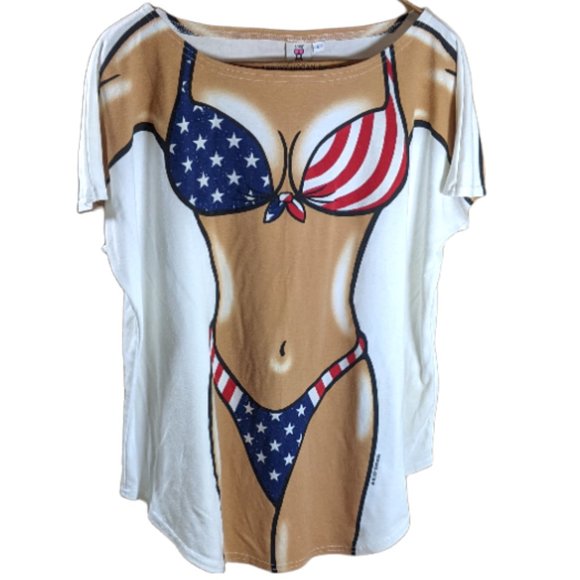 Vintage/Retro Body Dreams Bikini Body White T-Shirt Patriotic Flag Funny - Large - Picture 1 of 13